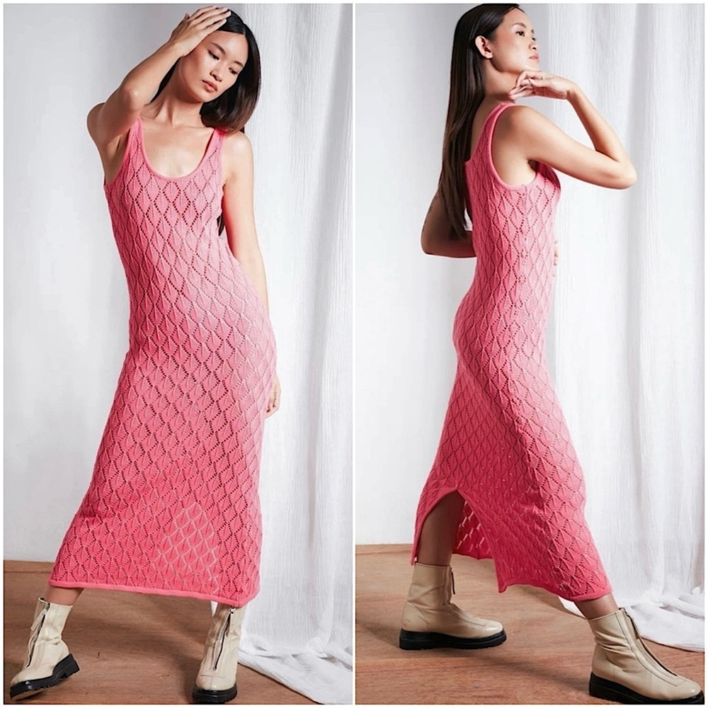 NWT RUE STIIC Hand Knit Cotton Diamond Crochet Scoop Neck Sleeveless Dress S